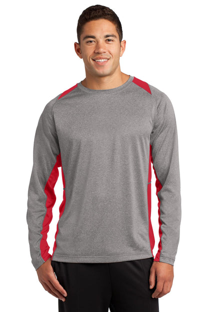 Front View of Vnt He/Tr Red Sport-Tek Long Sleeve Heather Colorblock Contender Tee. ST361LS