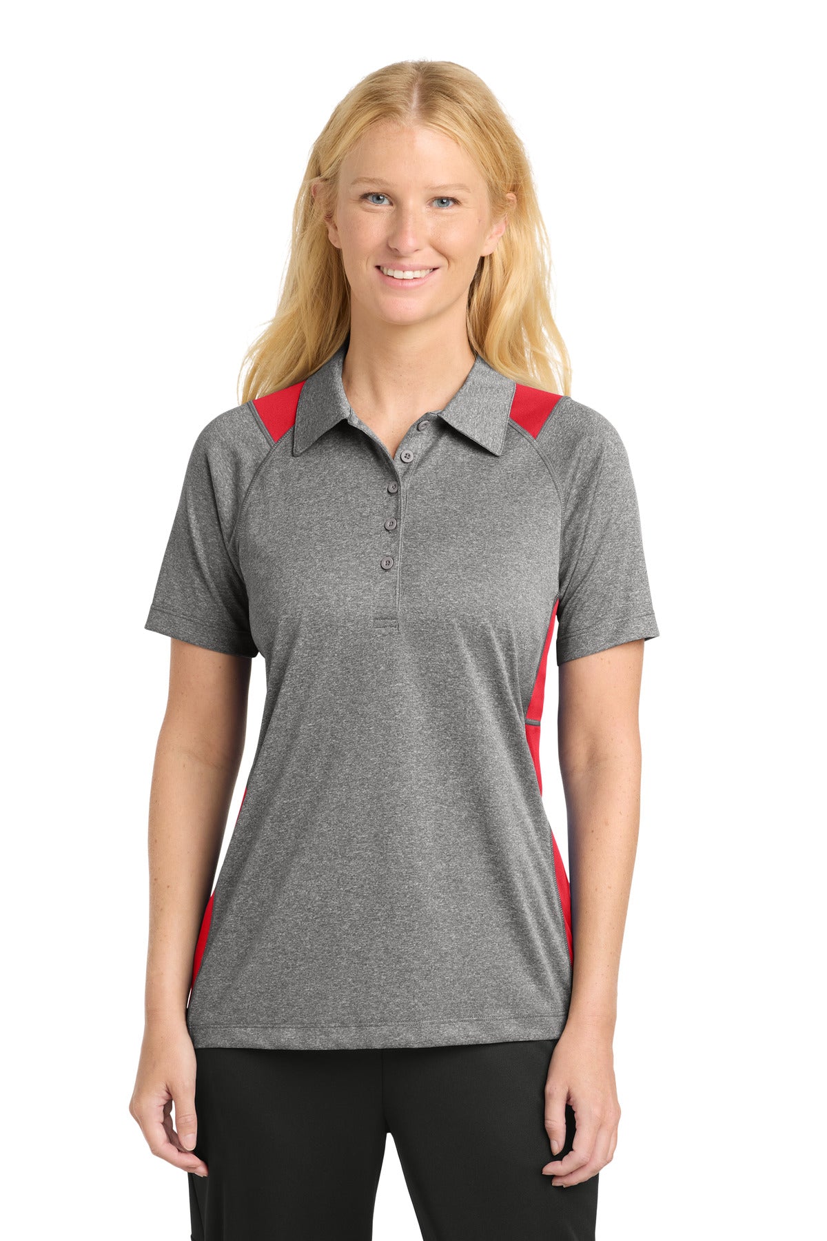 Front View of Vnt He/Tr Red Sport-Tek Women's Heather Colorblock Contender Polo. LST665