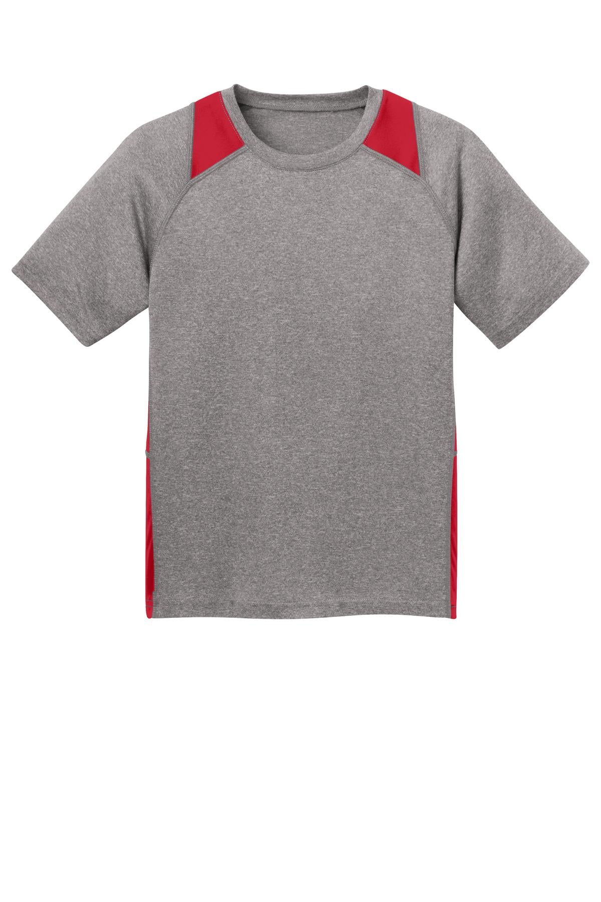 Front View of Vnt He/Tr Red Sport-Tek Youth Heather Colorblock Contender Tee. YST361