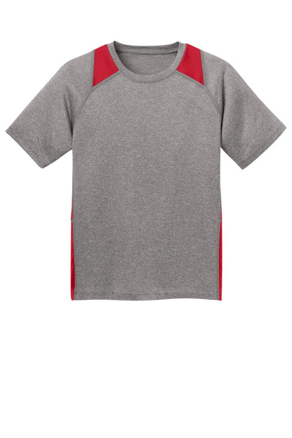 Front View of Vnt He/Tr Red Sport-Tek Youth Heather Colorblock Contender Tee. YST361