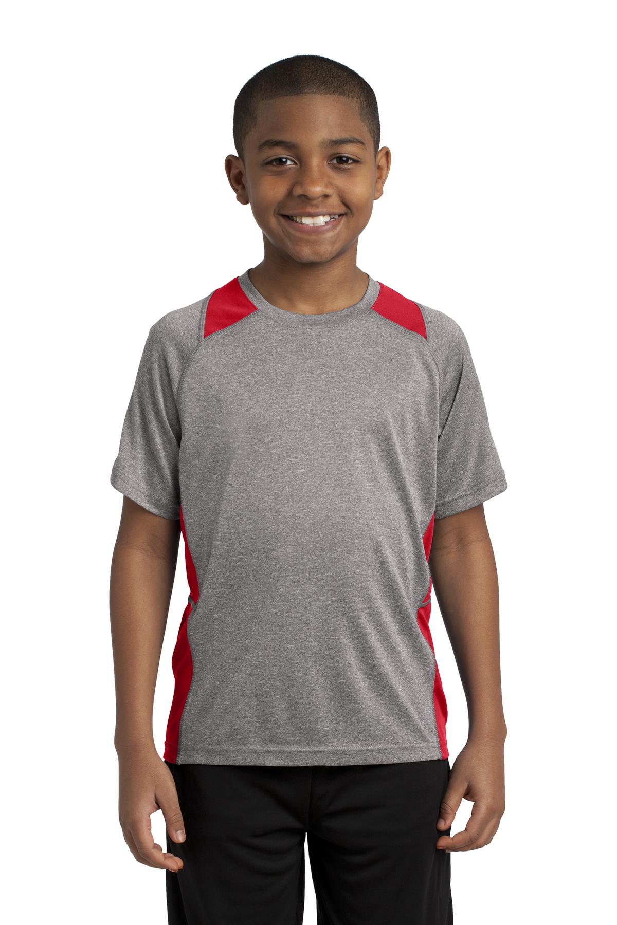 Front View of Vnt He/Tr Red Sport-Tek Youth Heather Colorblock Contender Tee. YST361