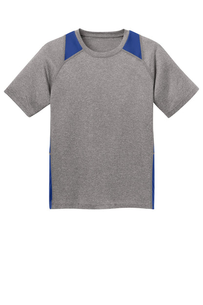 Front View of Vnt He/Tr Royl Sport-Tek Youth Heather Colorblock Contender Tee. YST361