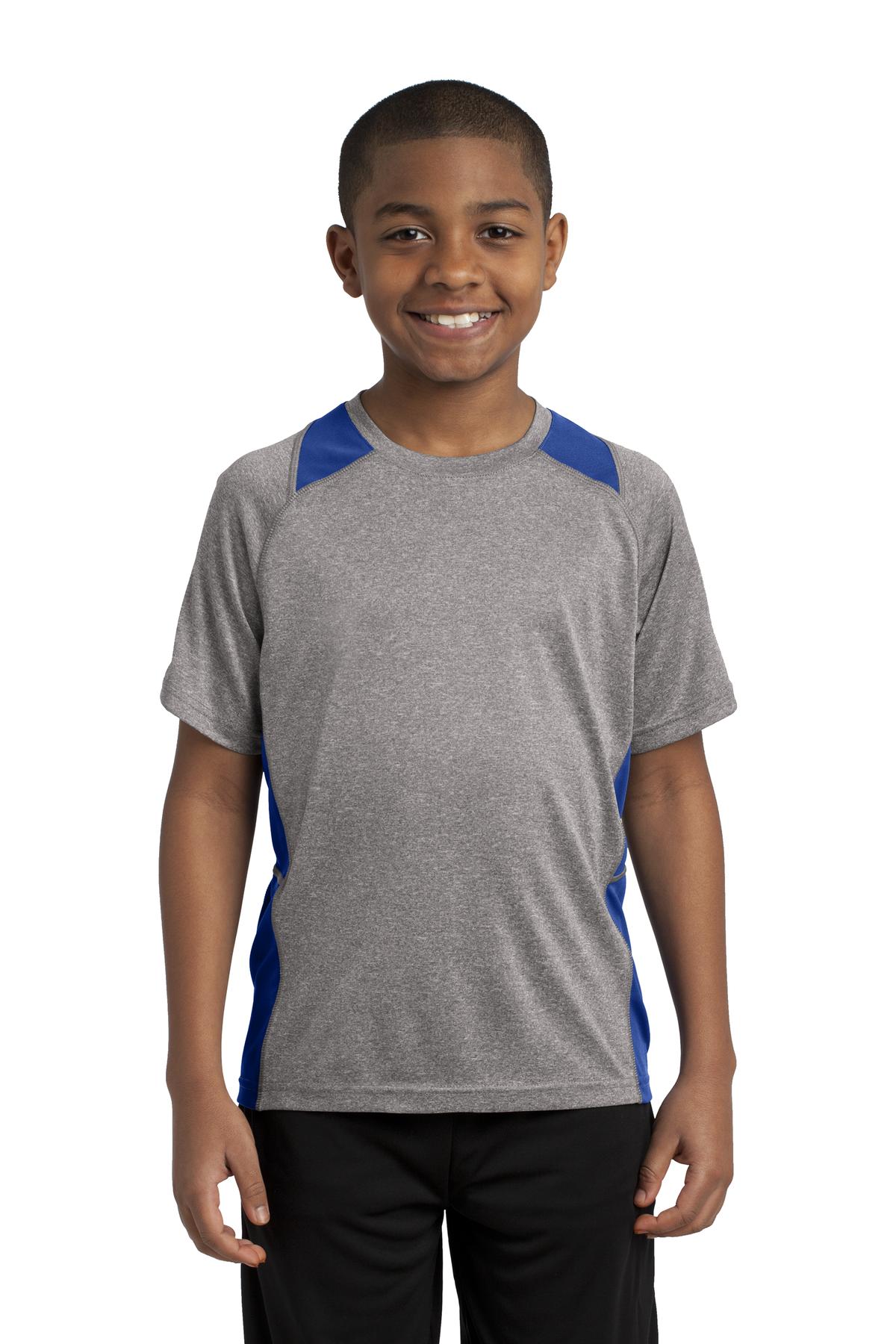 Front View of Vnt He/Tr Royl Sport-Tek Youth Heather Colorblock Contender Tee. YST361