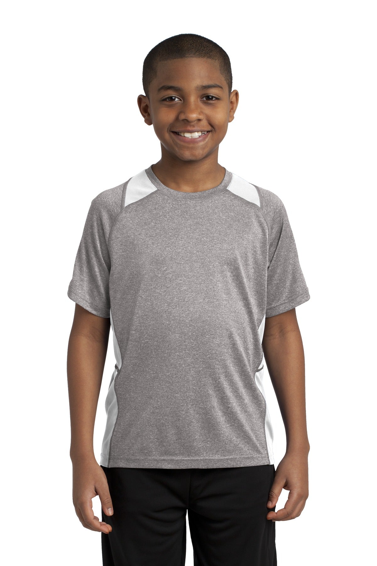 Front View of Vnt He/White Sport-Tek Youth Heather Colorblock Contender Tee. YST361