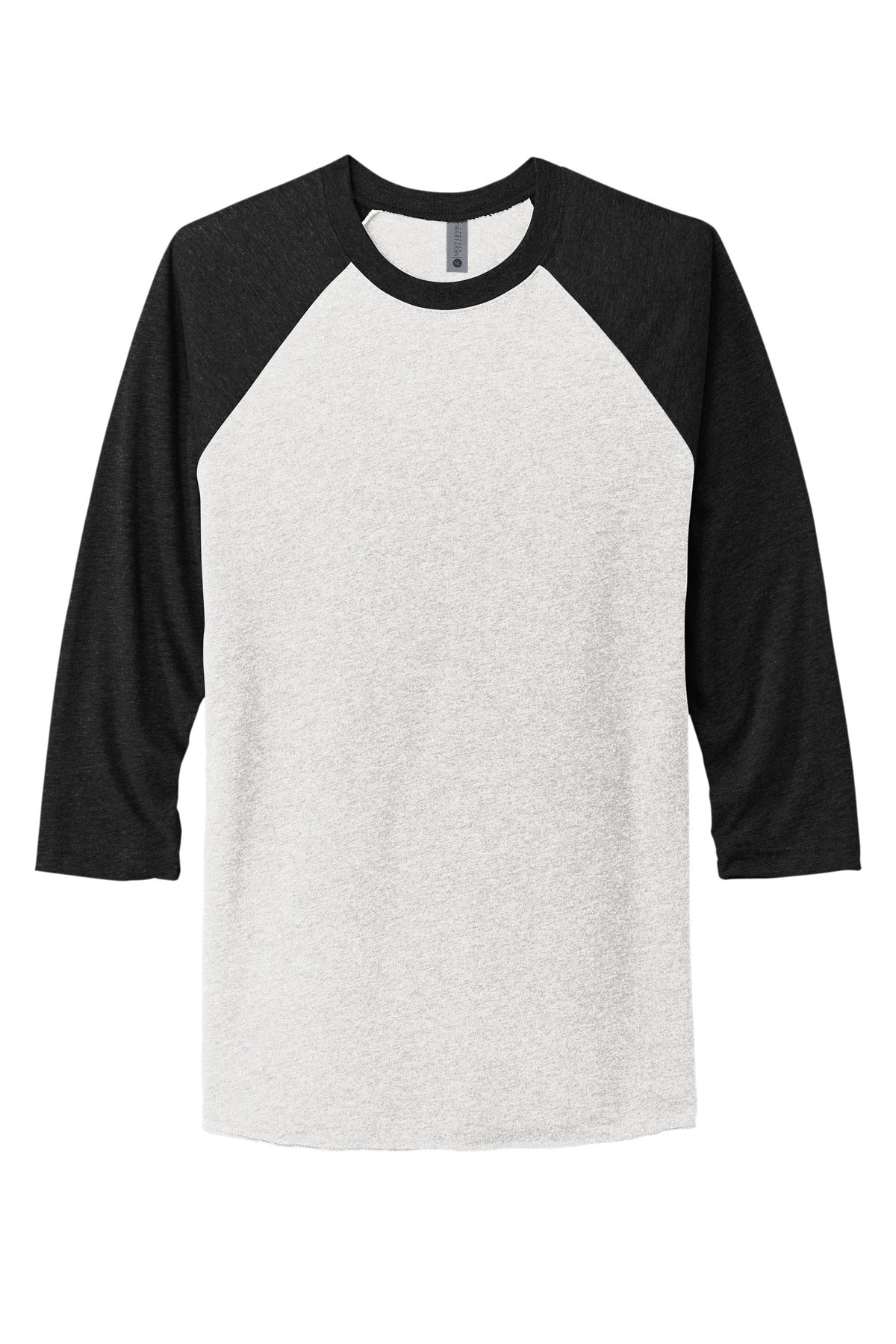 Front View of VtgB/HtrWh Next Level Apparel Adult Tri-Blend 3/4-Sleeve Raglan Tee. NL6051