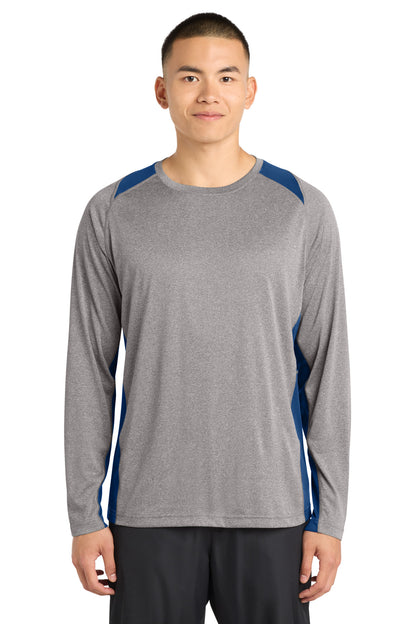 Front View of VtgHthr/Ry Sport-Tek Long Sleeve Heather Colorblock Contender Tee. ST361LS