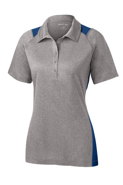 Front View of VtgHthr/Ry Sport-Tek Women's Heather Colorblock Contender Polo. LST665