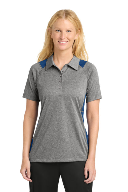 Front View of VtgHthr/Ry Sport-Tek Women's Heather Colorblock Contender Polo. LST665