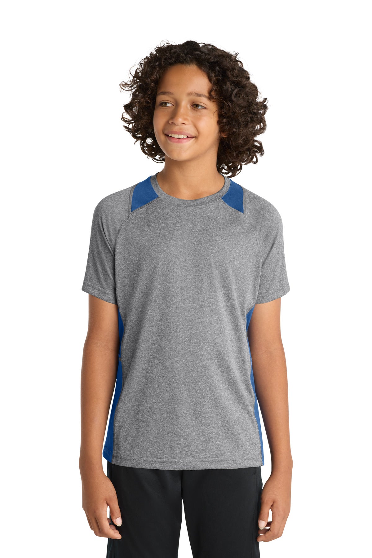 Front View of VtgHthr/Ry Sport-Tek Youth Heather Colorblock Contender Tee. YST361