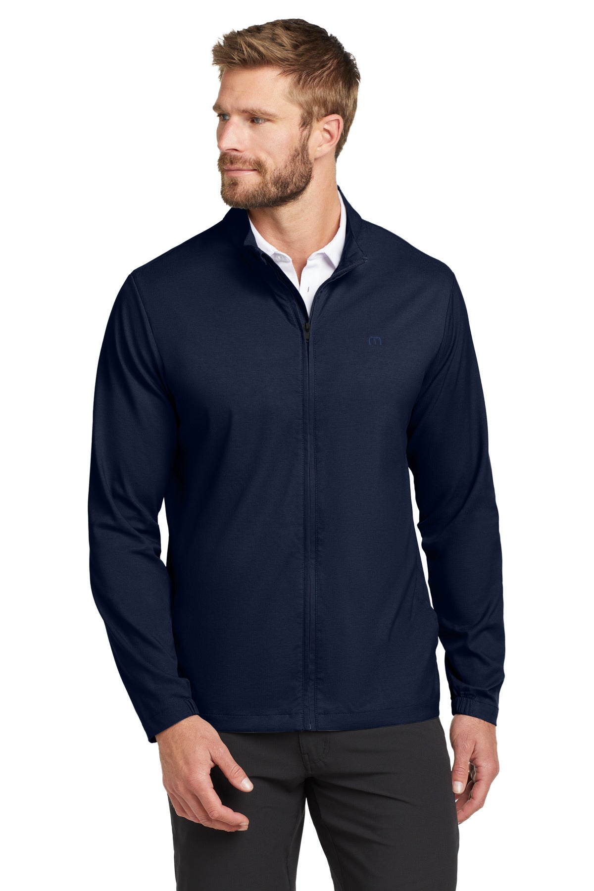 Front View of VtgIdg/Blk TravisMathew Surfside Full-Zip Jacket. TM1MU422
