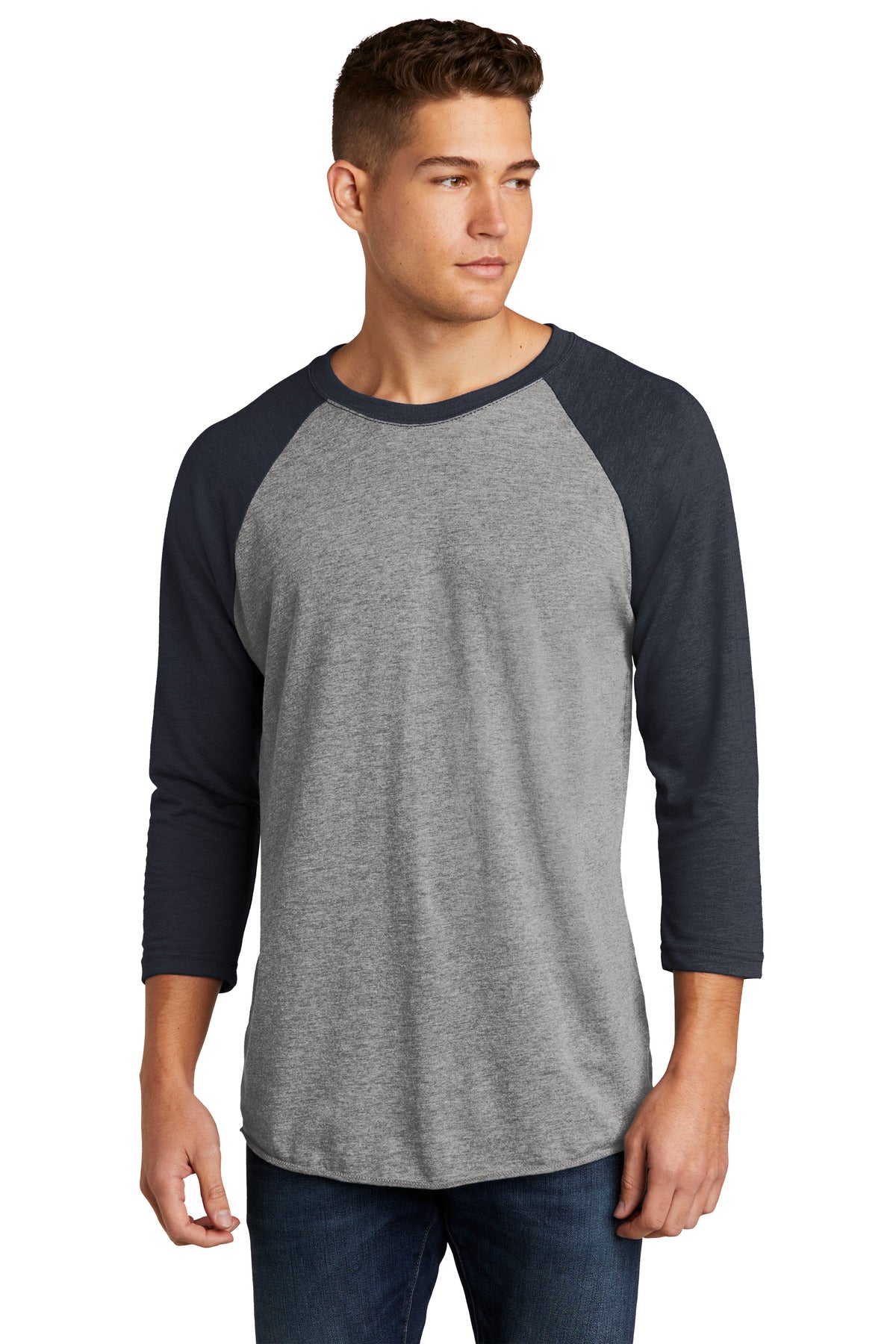 Front View of VtgNv/PrmH Next Level Apparel Adult Tri-Blend 3/4-Sleeve Raglan Tee. NL6051