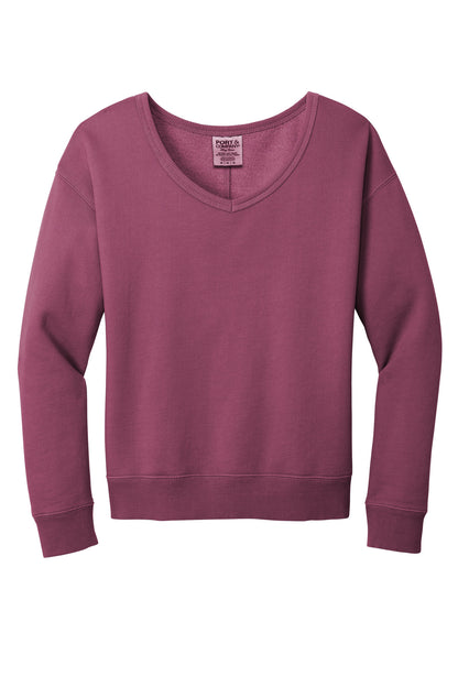 Front View of VtgRaspbry Port & Company Women's Beach Wash Garment-Dyed V-Neck Sweatshirt LPC098V