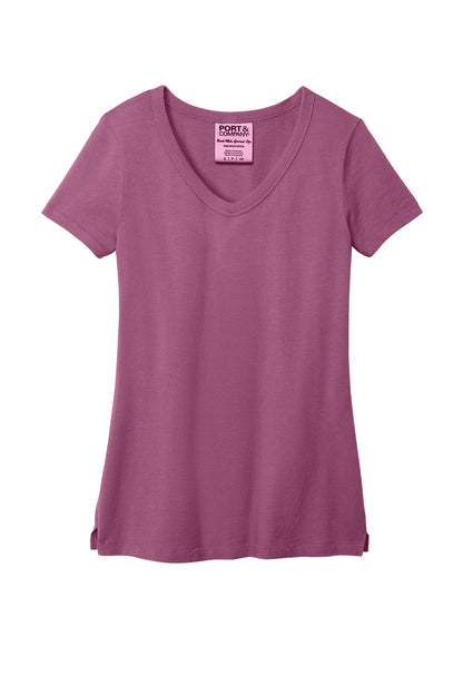 Front View of VtgRaspbry Port & Company Women's Beach Wash Garment-Dyed V-Neck Tee LPC099V