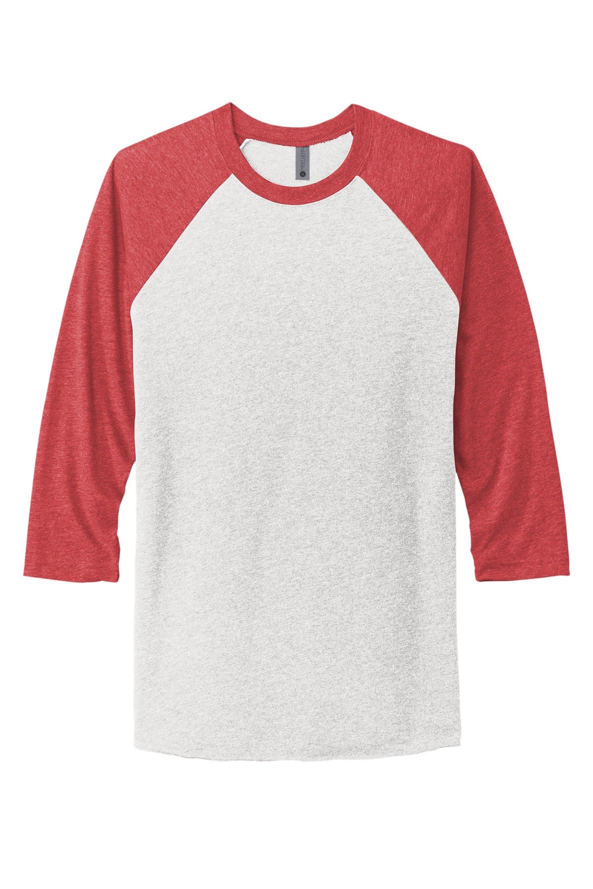 Front View of VtgRd/HtWh Next Level Apparel Adult Tri-Blend 3/4-Sleeve Raglan Tee. NL6051