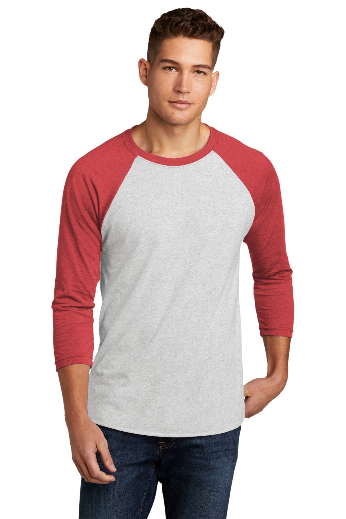 Front View of VtgRd/HtWh Next Level Apparel Adult Tri-Blend 3/4-Sleeve Raglan Tee. NL6051