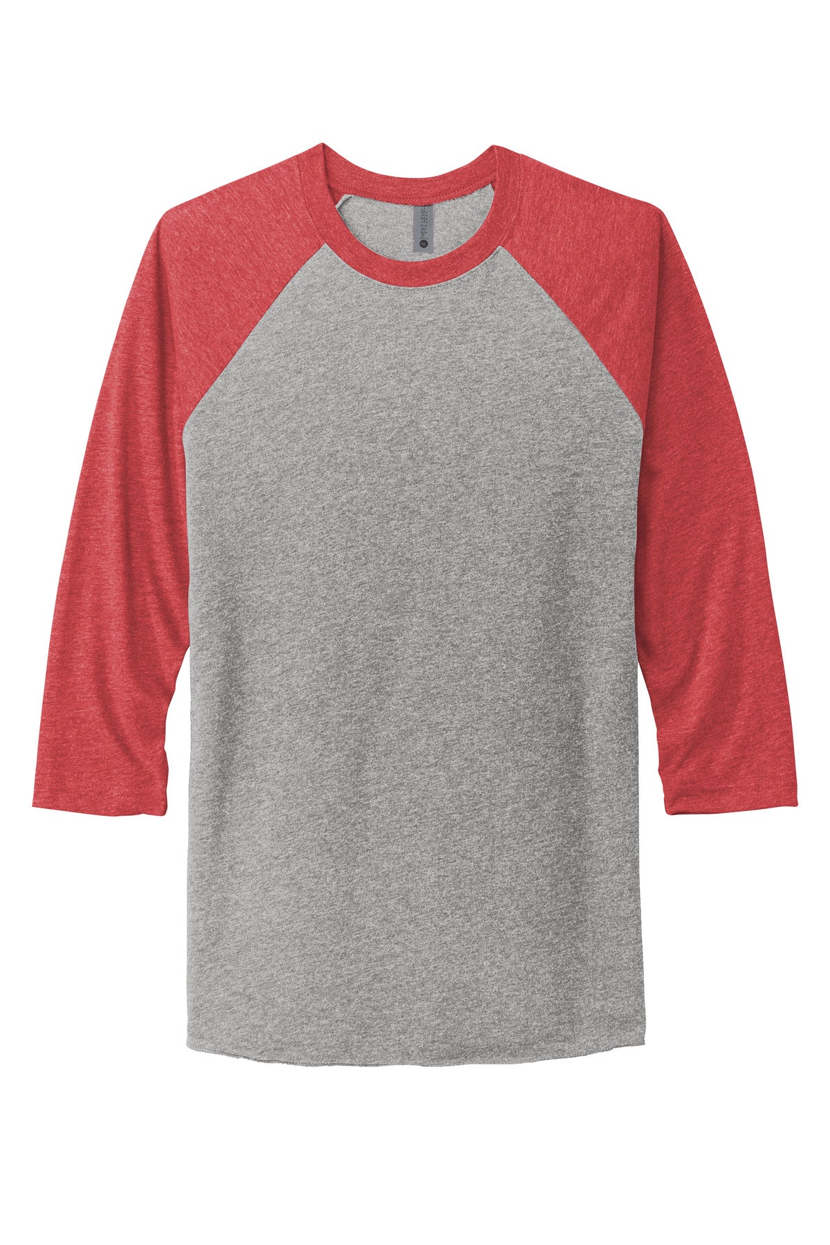 Front View of VtgRd/PrmH Next Level Apparel Adult Tri-Blend 3/4-Sleeve Raglan Tee. NL6051