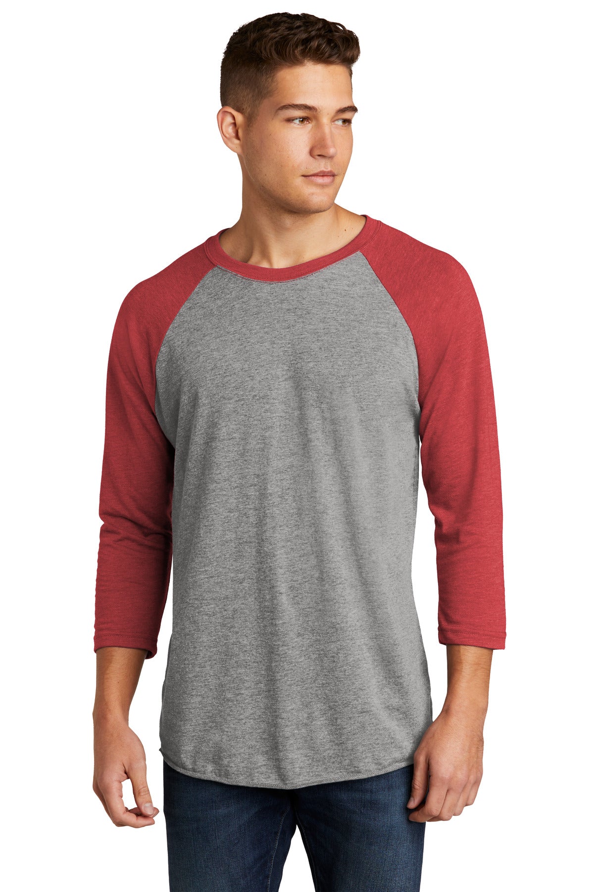 Front View of VtgRd/PrmH Next Level Apparel Adult Tri-Blend 3/4-Sleeve Raglan Tee. NL6051