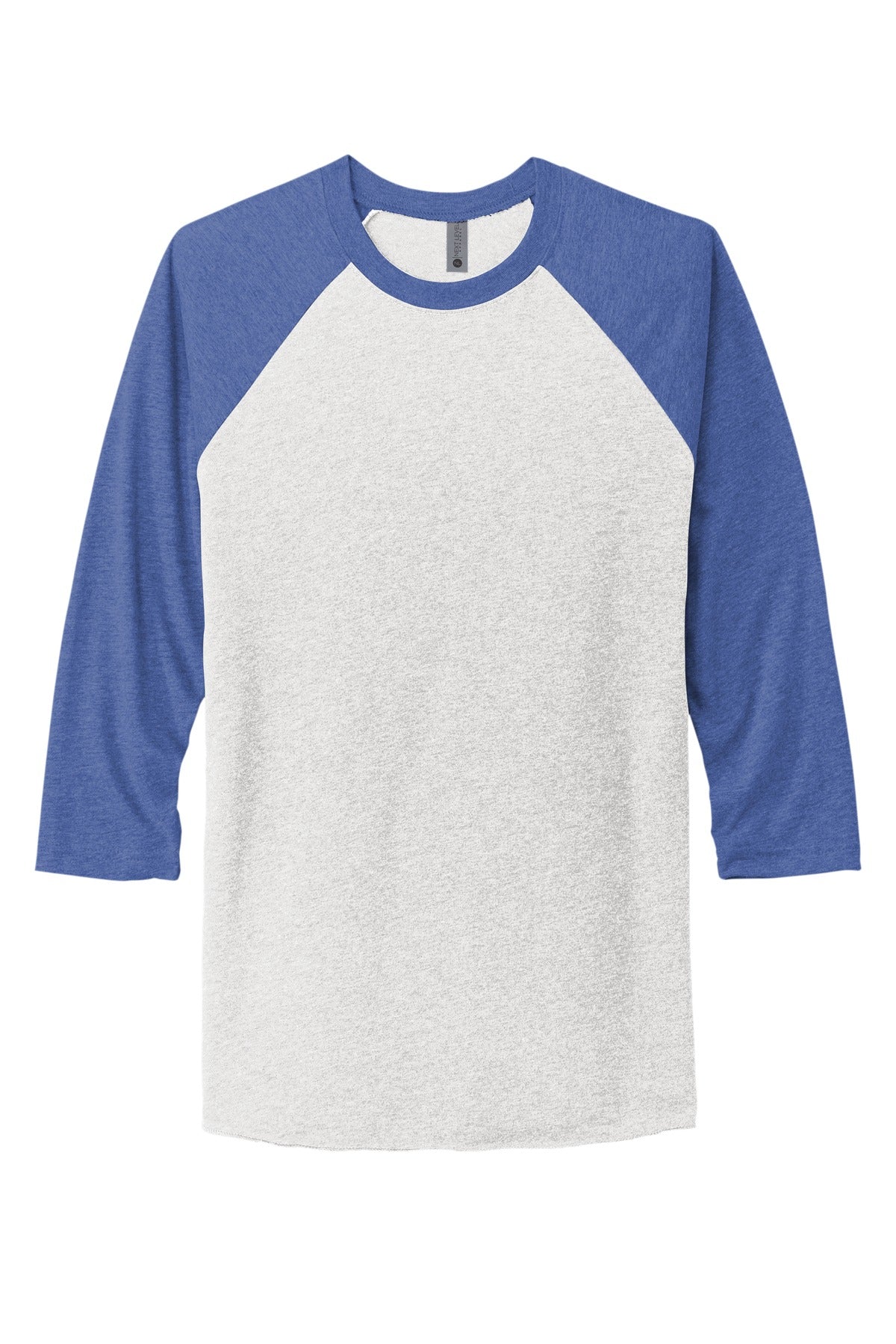 Front View of VtgRy/HtWh Next Level Apparel Adult Tri-Blend 3/4-Sleeve Raglan Tee. NL6051