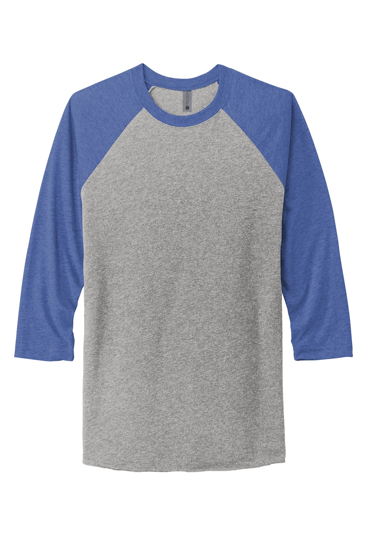 Front View of VtgRy/PrmH Next Level Apparel Adult Tri-Blend 3/4-Sleeve Raglan Tee. NL6051