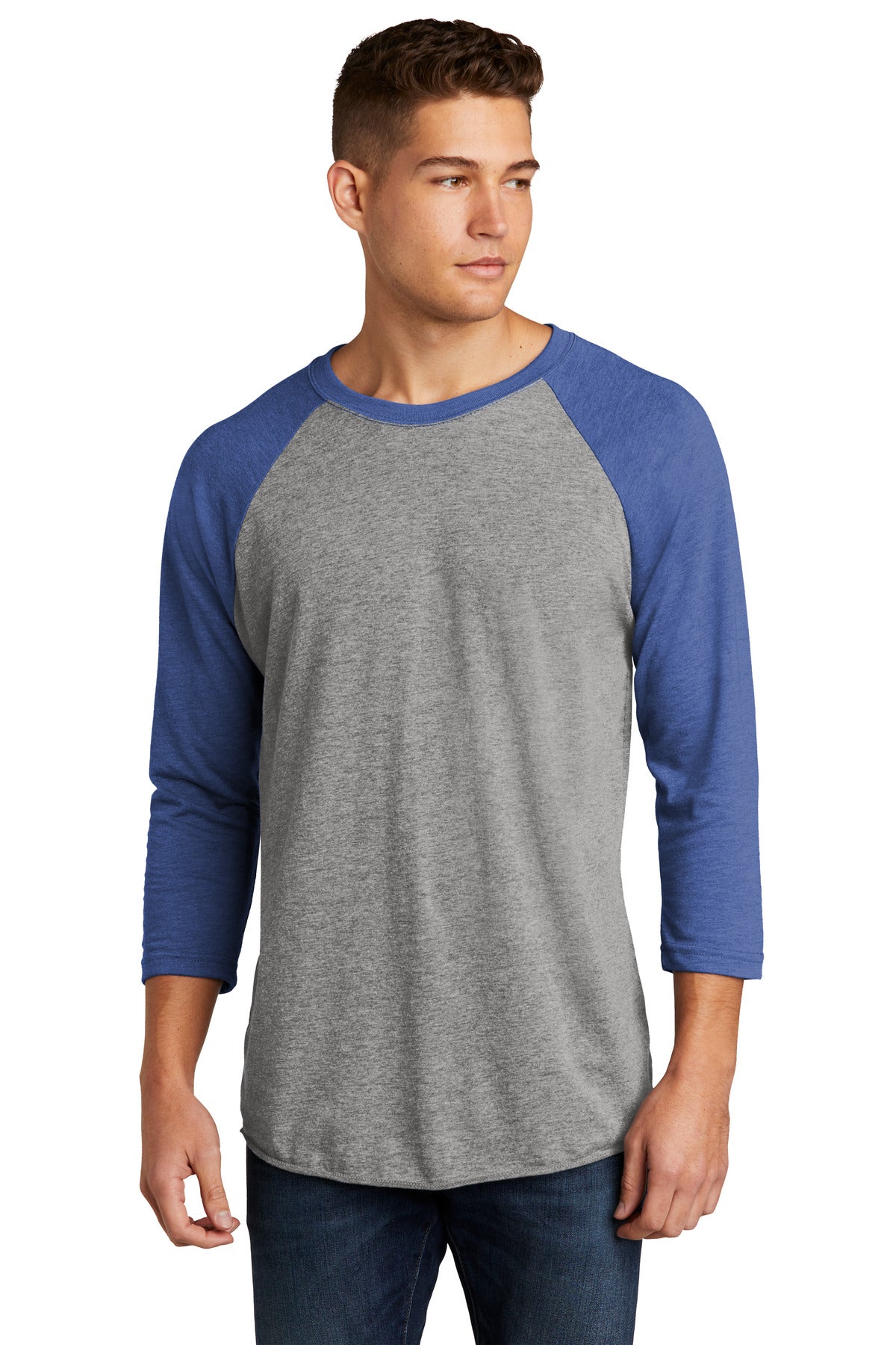 Front View of VtgRy/PrmH Next Level Apparel Adult Tri-Blend 3/4-Sleeve Raglan Tee. NL6051