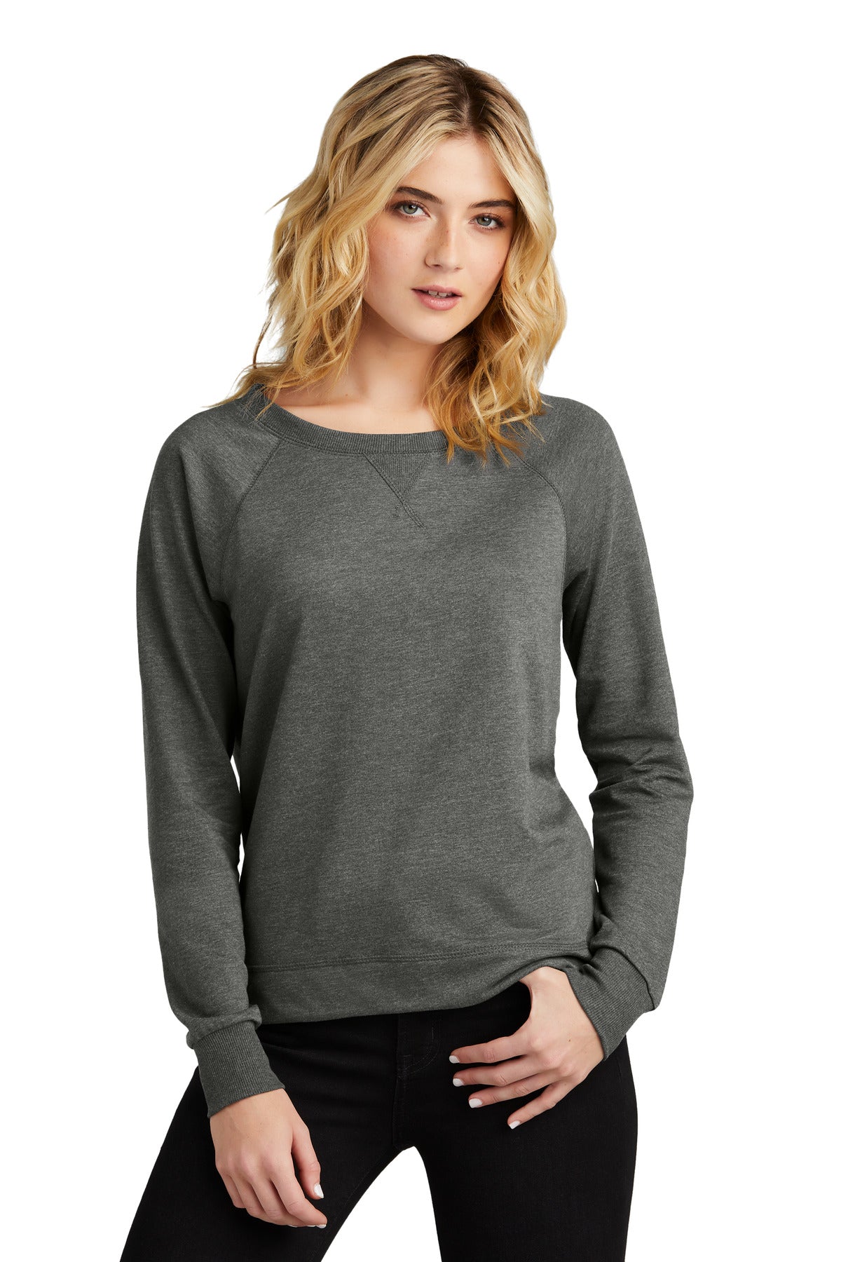 Front View of WashedCoal District Women's Featherweight French Terry Long Sleeve Crewneck DT672