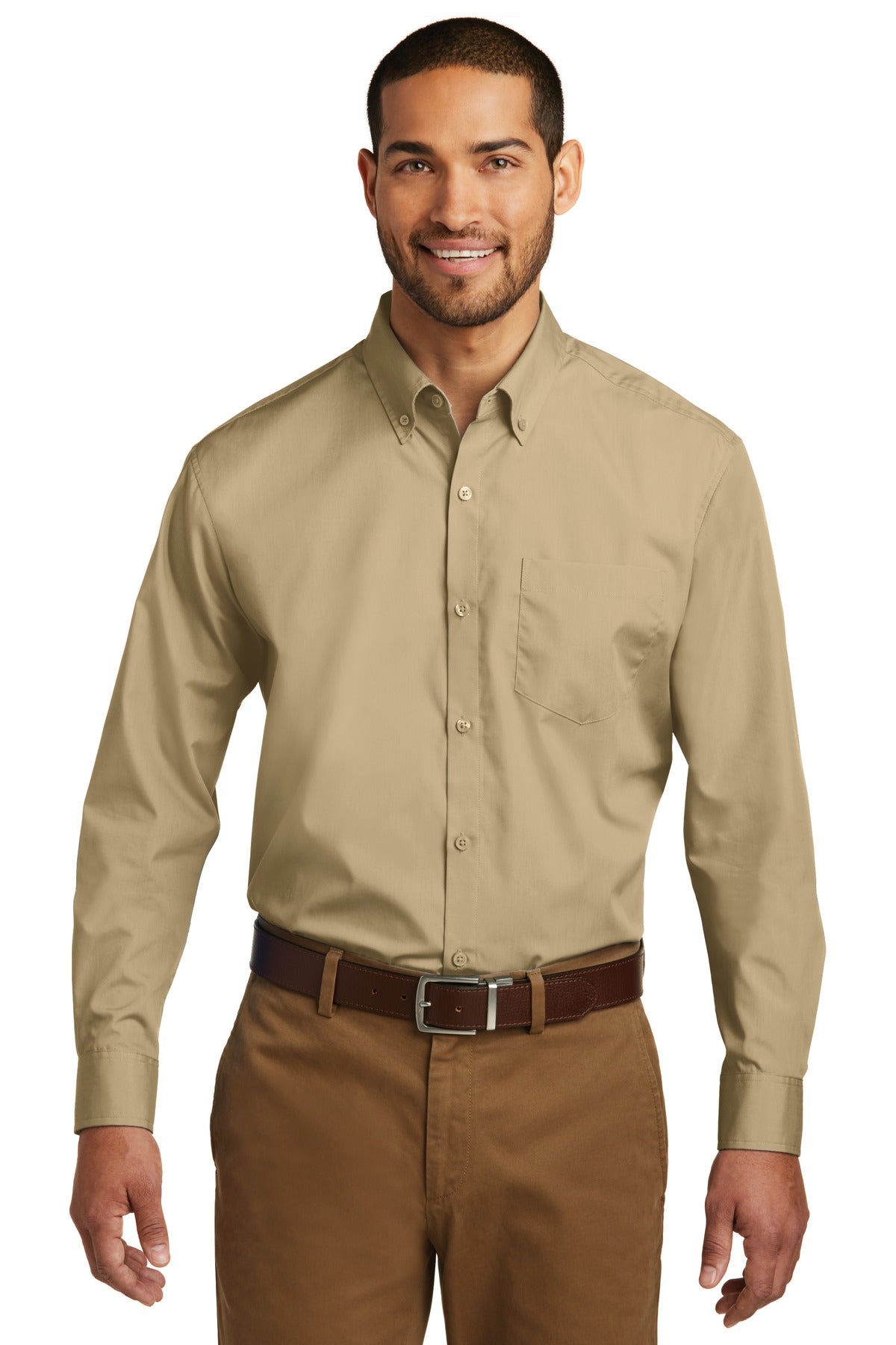 Front View of Wheat Port Authority Long Sleeve Carefree Poplin Shirt. W100