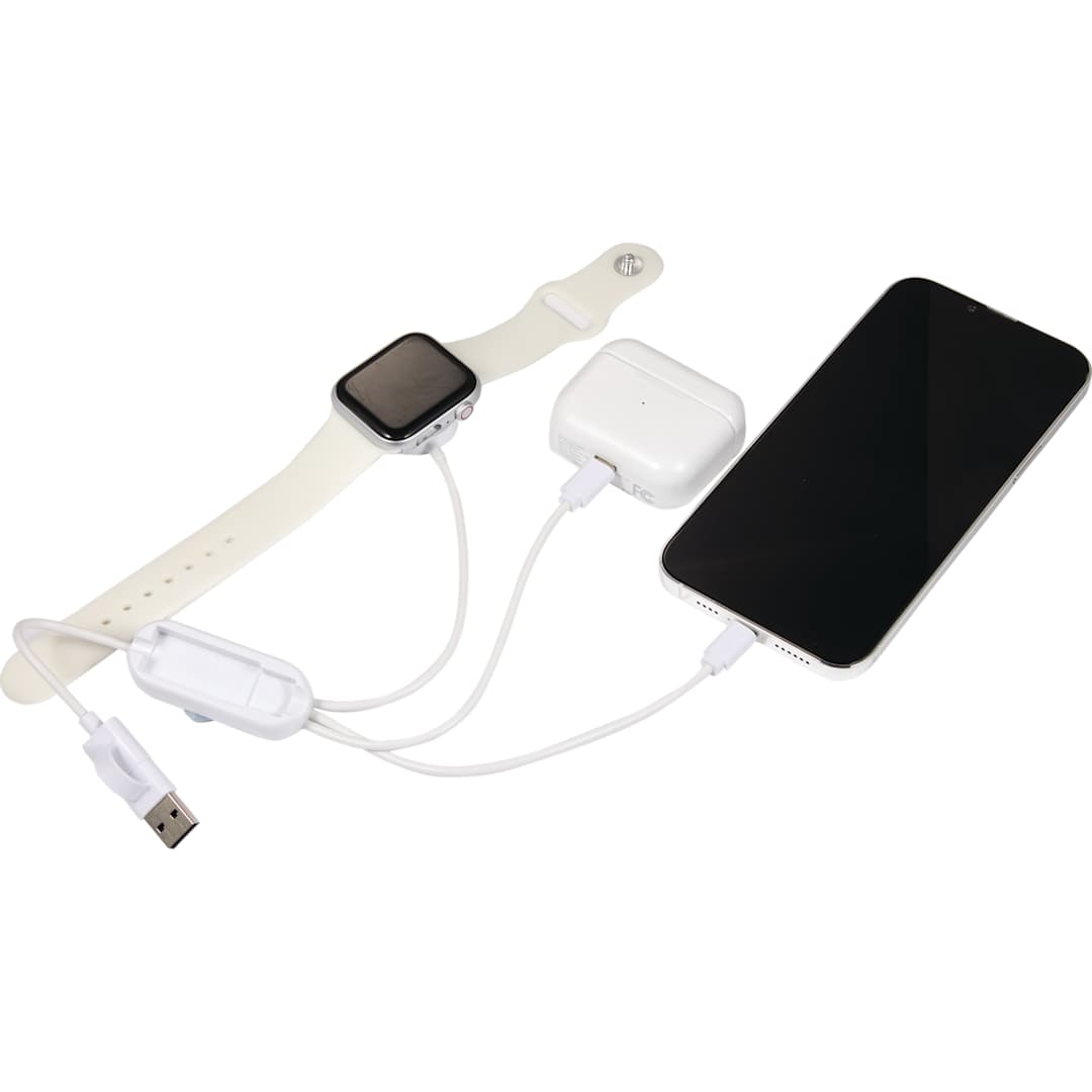 Front View of White Allcord 5-in-1 Charging Cable with iWatch Charger plain
