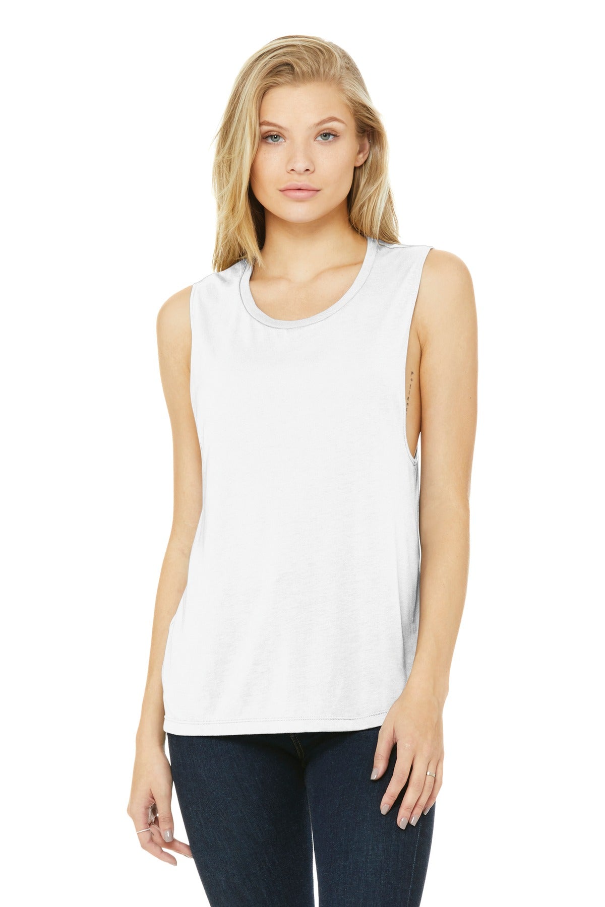 Front View of White BELLA+CANVAS Women's Flowy Scoop Muscle Tank. BC8803