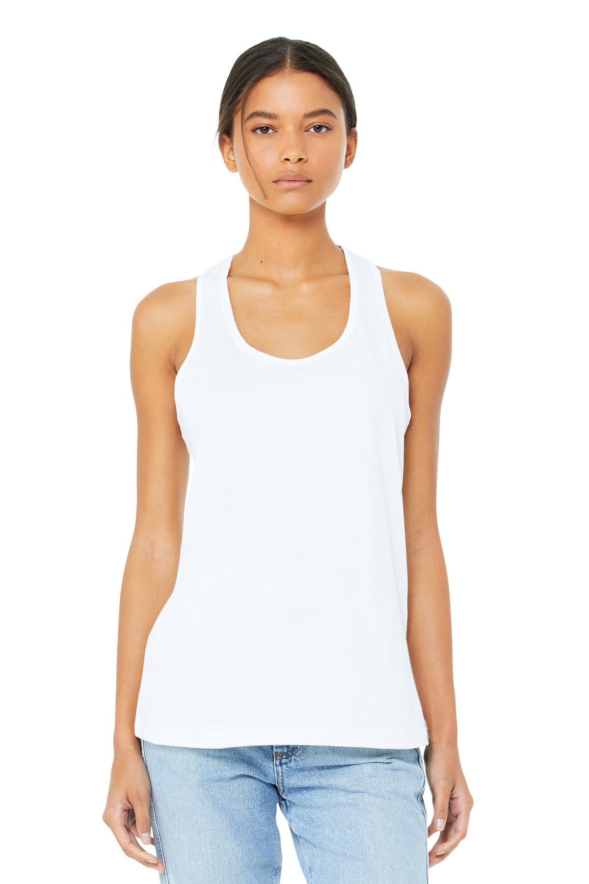 Front View of White BELLA+CANVAS Women's Jersey Racerback Tank. BC6008