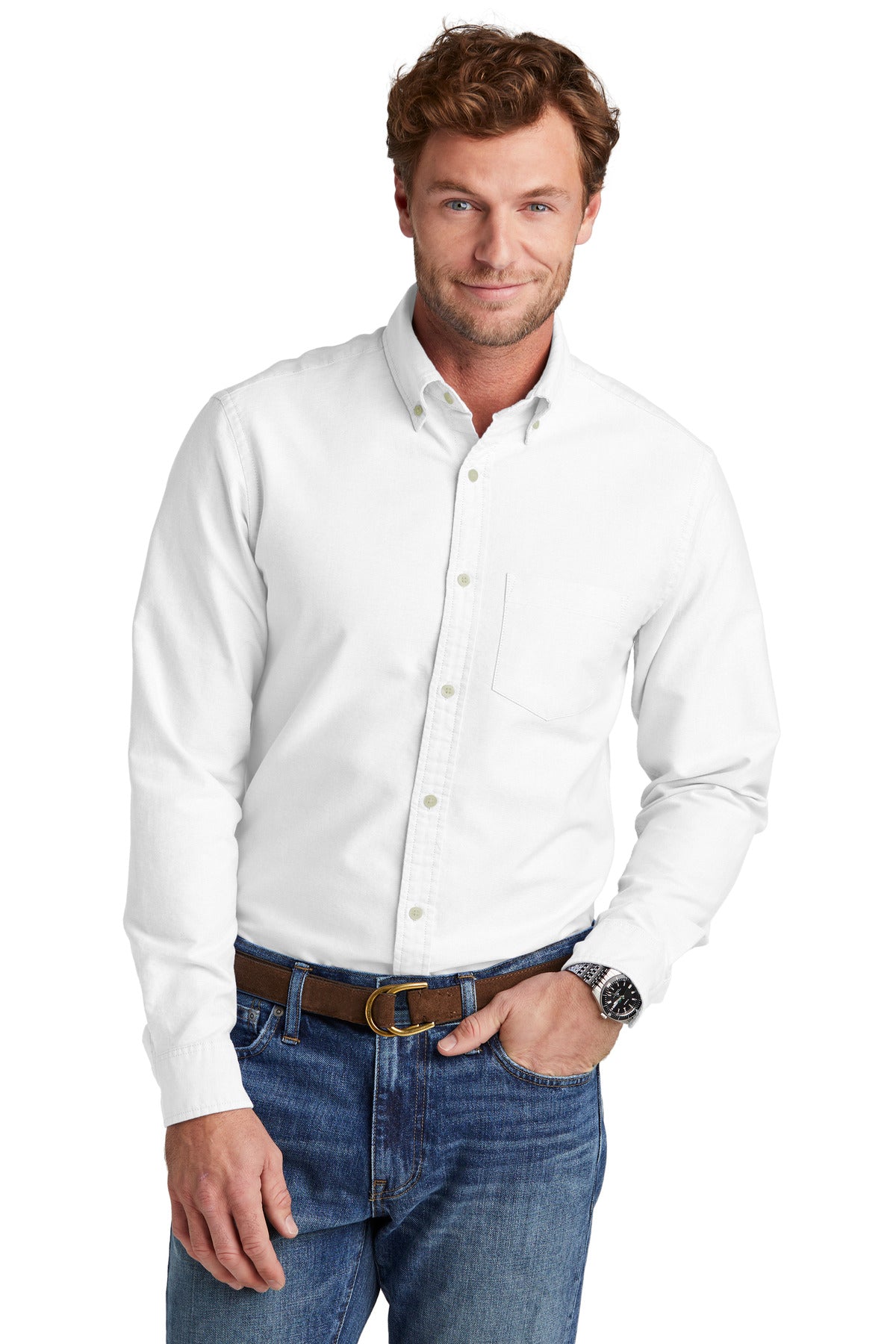 Front View of White Brooks Brothers Casual Oxford Cloth Shirt BB18004