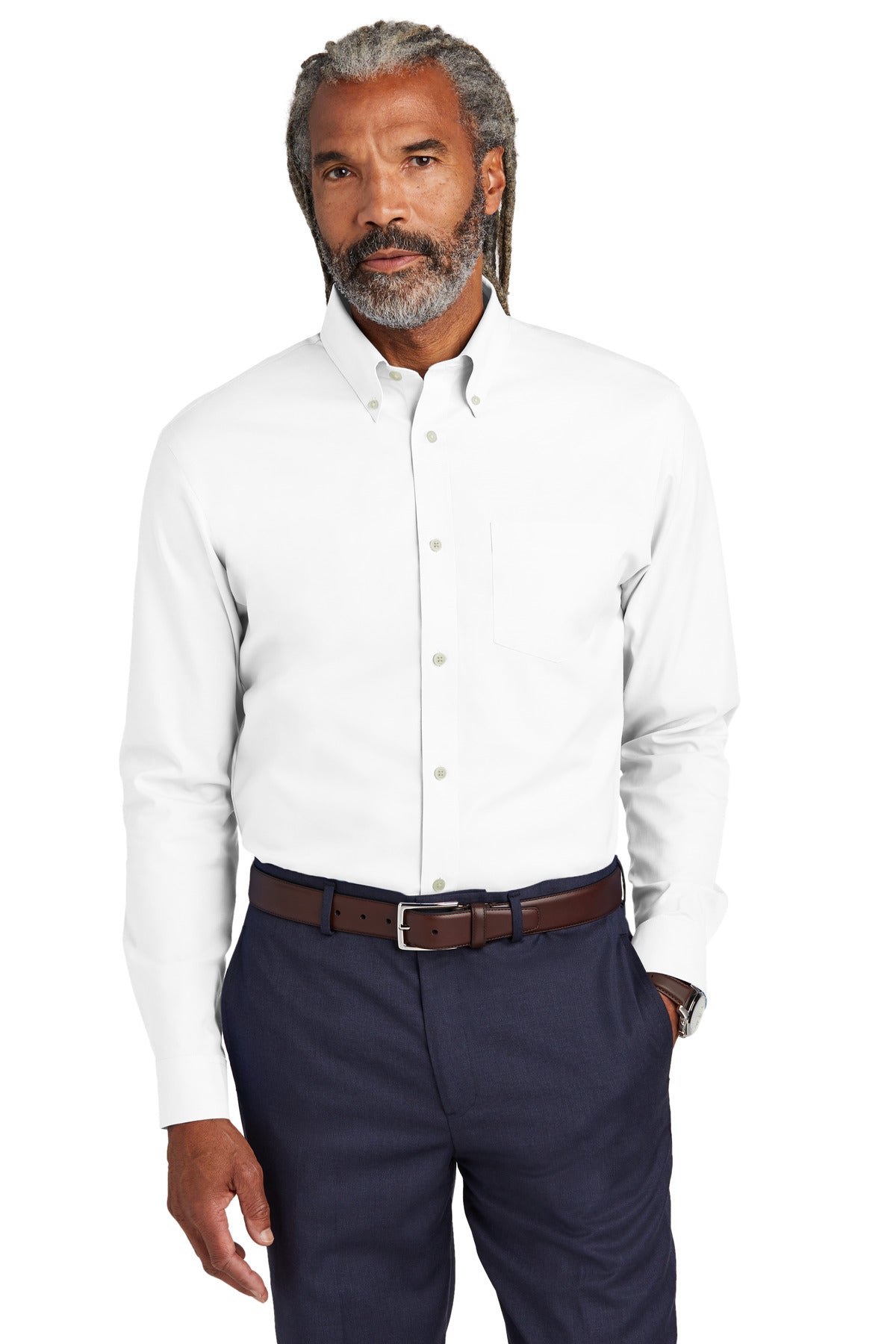 Front View of White Brooks Brothers Wrinkle-Free Stretch Pinpoint Shirt BB18000