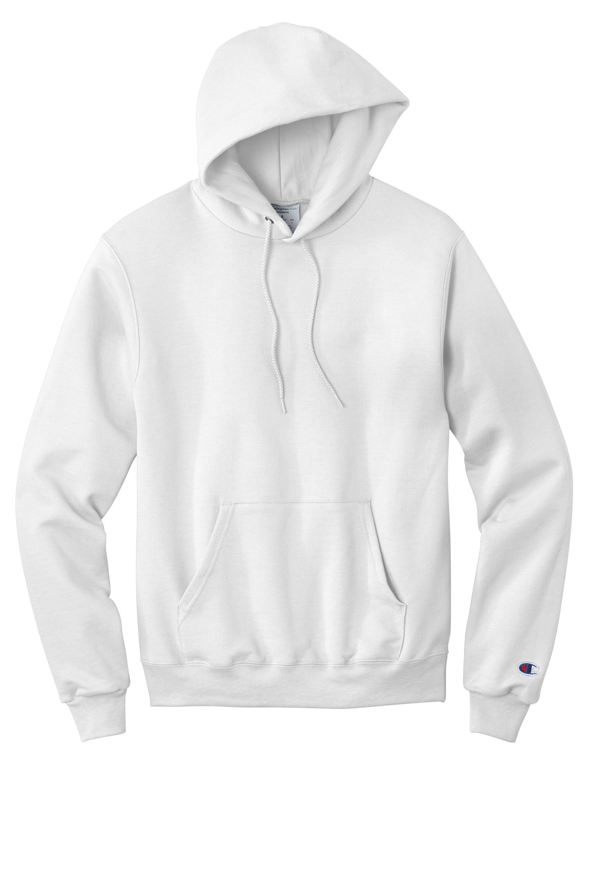 Front View of White Champion Powerblend Pullover Hoodie. S700