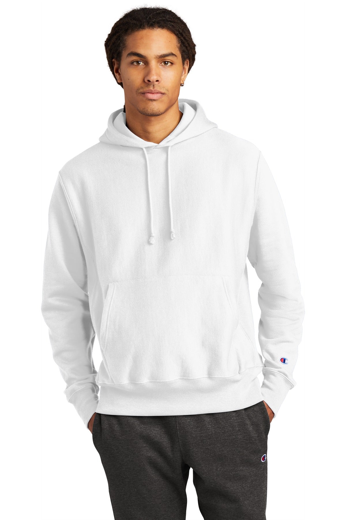 Front View of White Champion Reverse Weave Hooded Sweatshirt S101