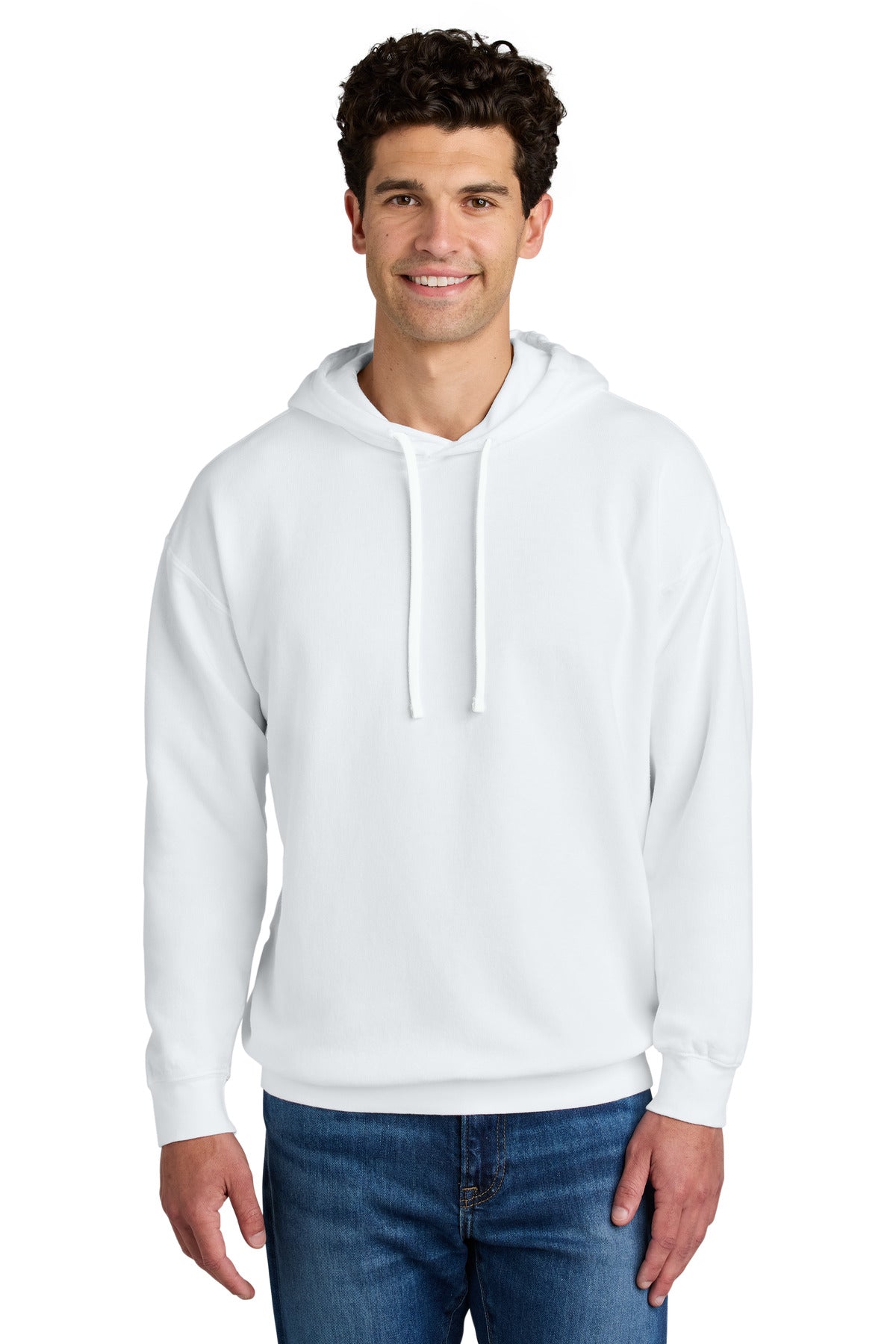 Front View of White Comfort Colors Lightweight Hooded Sweatshirt 1467