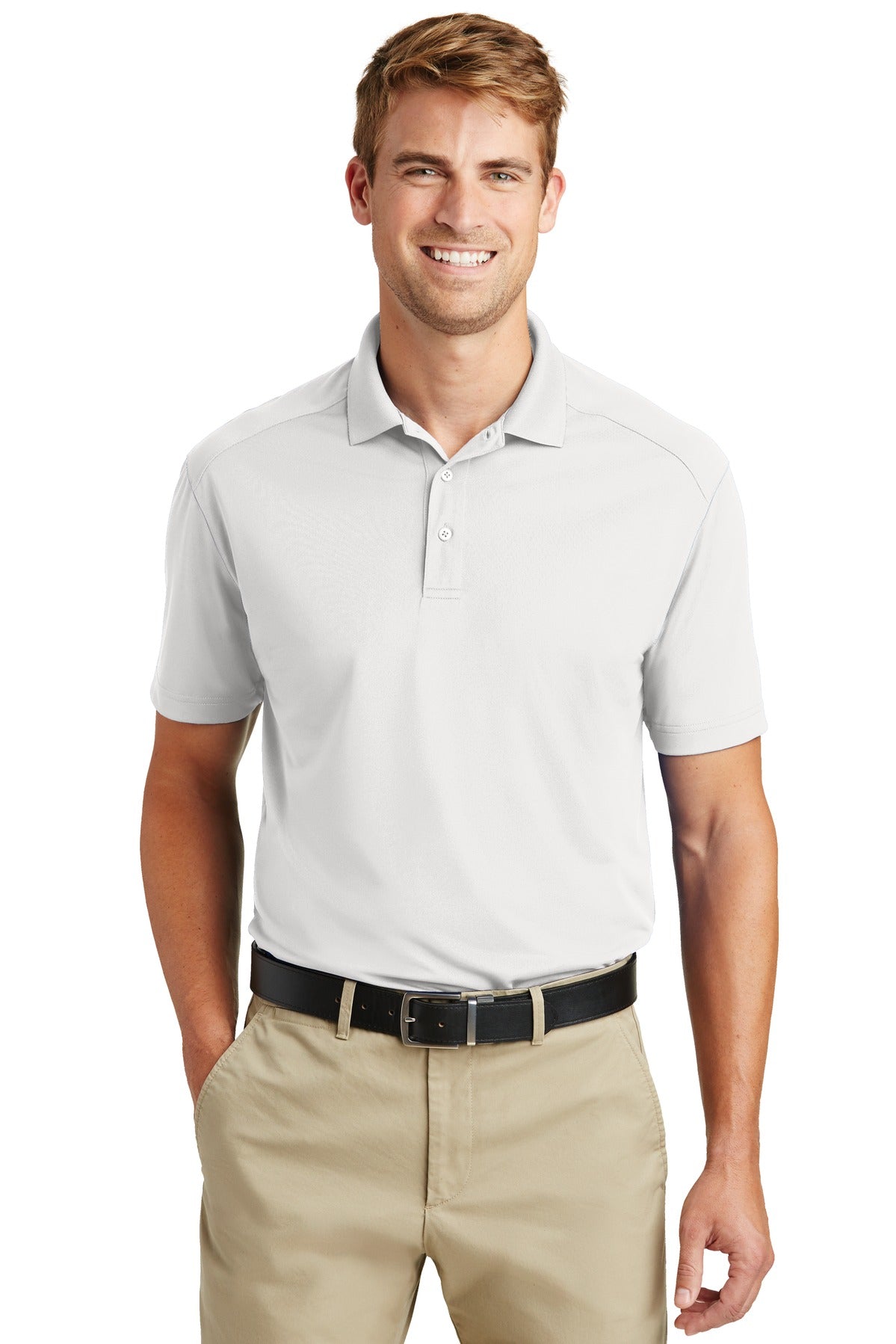 Front View of White CornerStone Select Lightweight Snag-Proof Polo. CS418