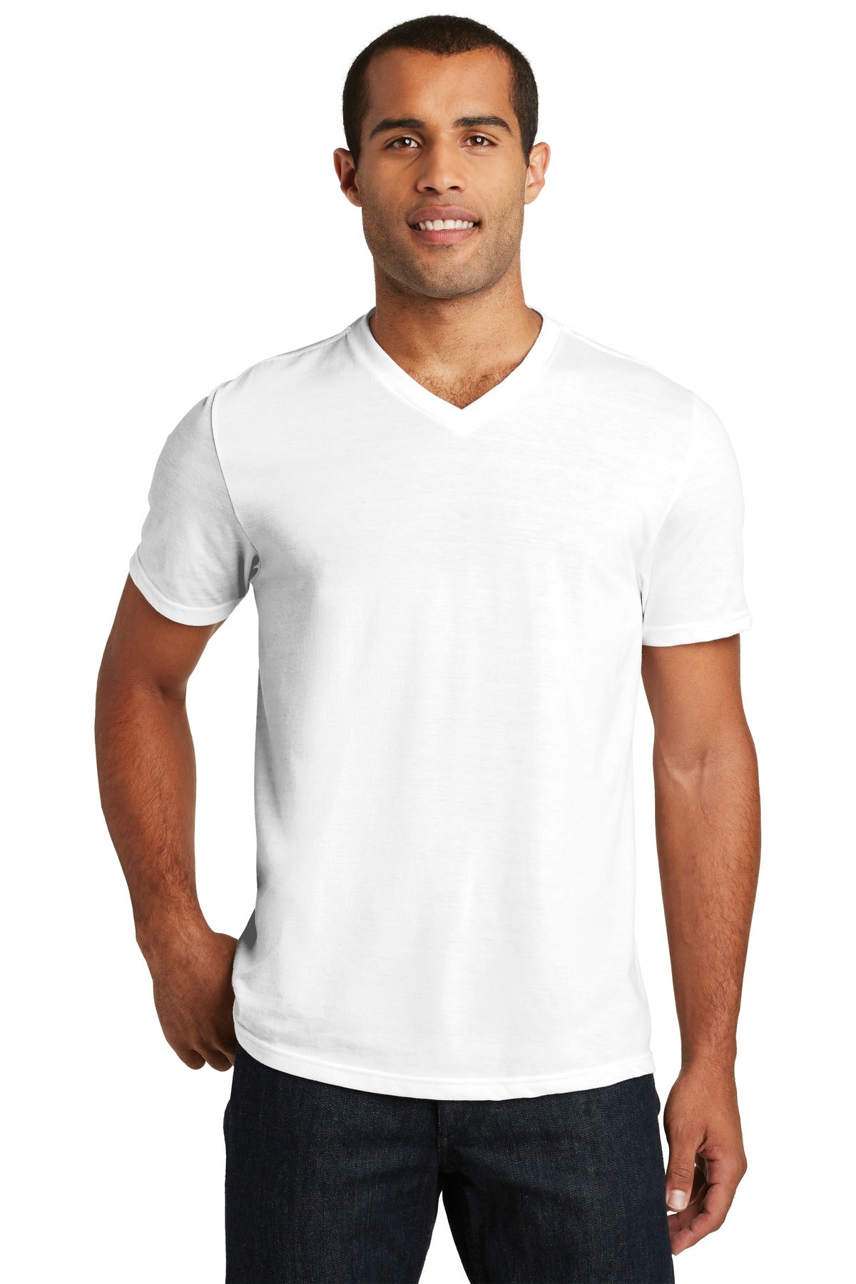 Front View of White District Perfect Tri V-Neck Tee. DT1350