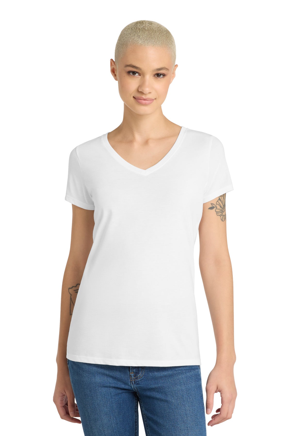 Front View of White District Women's Perfect Tri V-Neck Tee. DM1350L