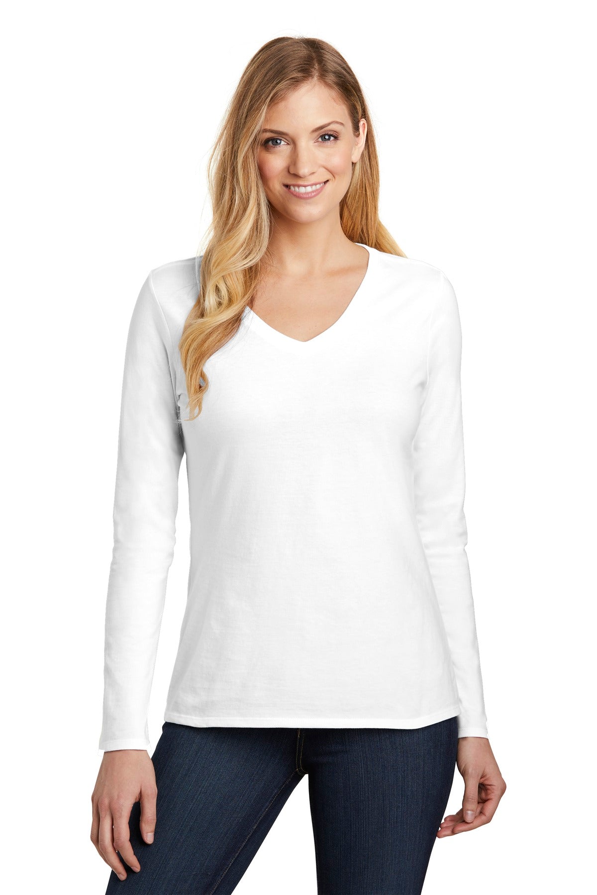 Front View of White District Women's Very Important Tee Long Sleeve V-Neck. DT6201