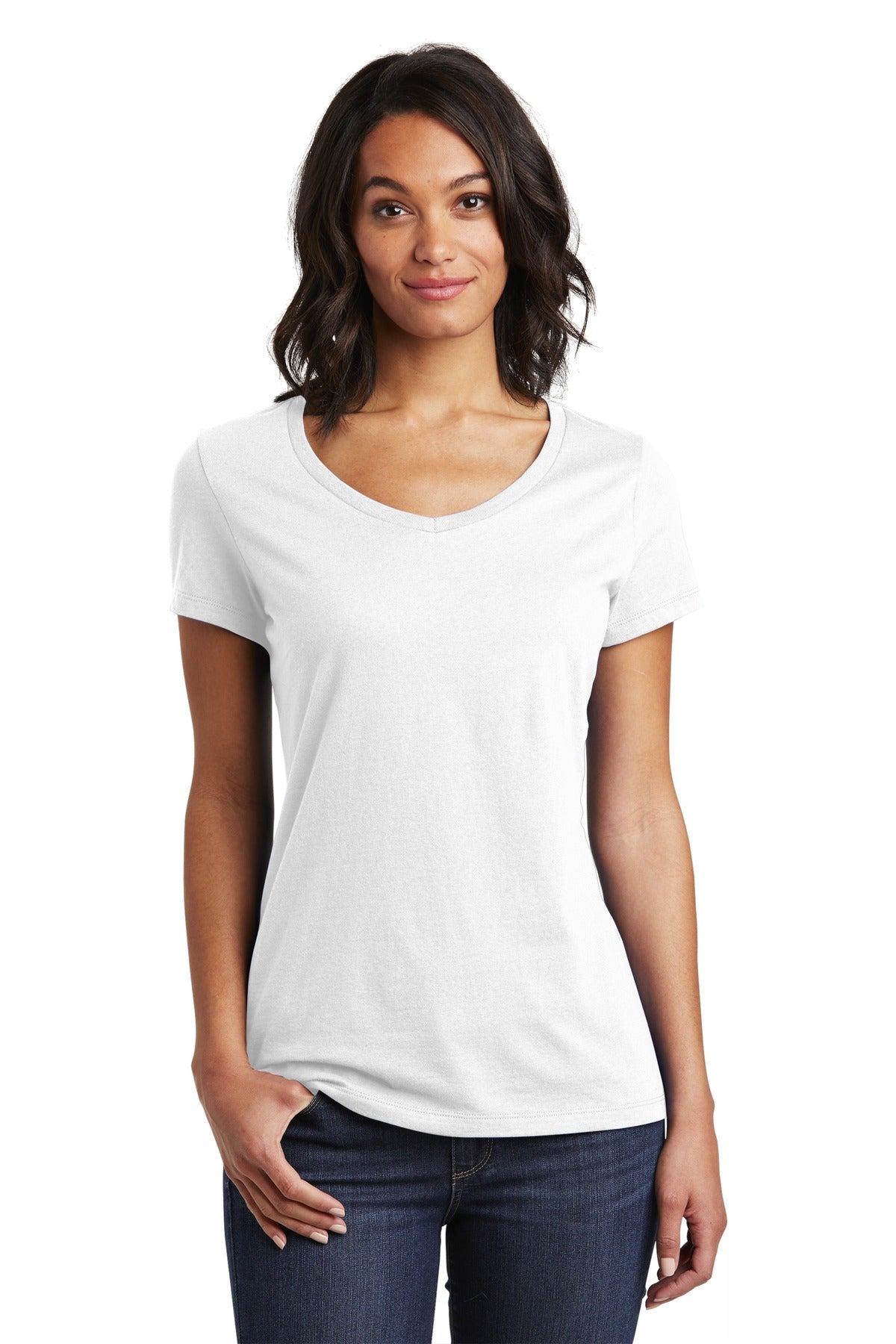 Front View of White District Women's Very Important Tee V-Neck. DT6503