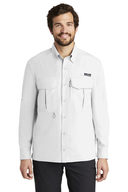 Front View of White Eddie Bauer - Long Sleeve Performance Fishing Shirt. EB600