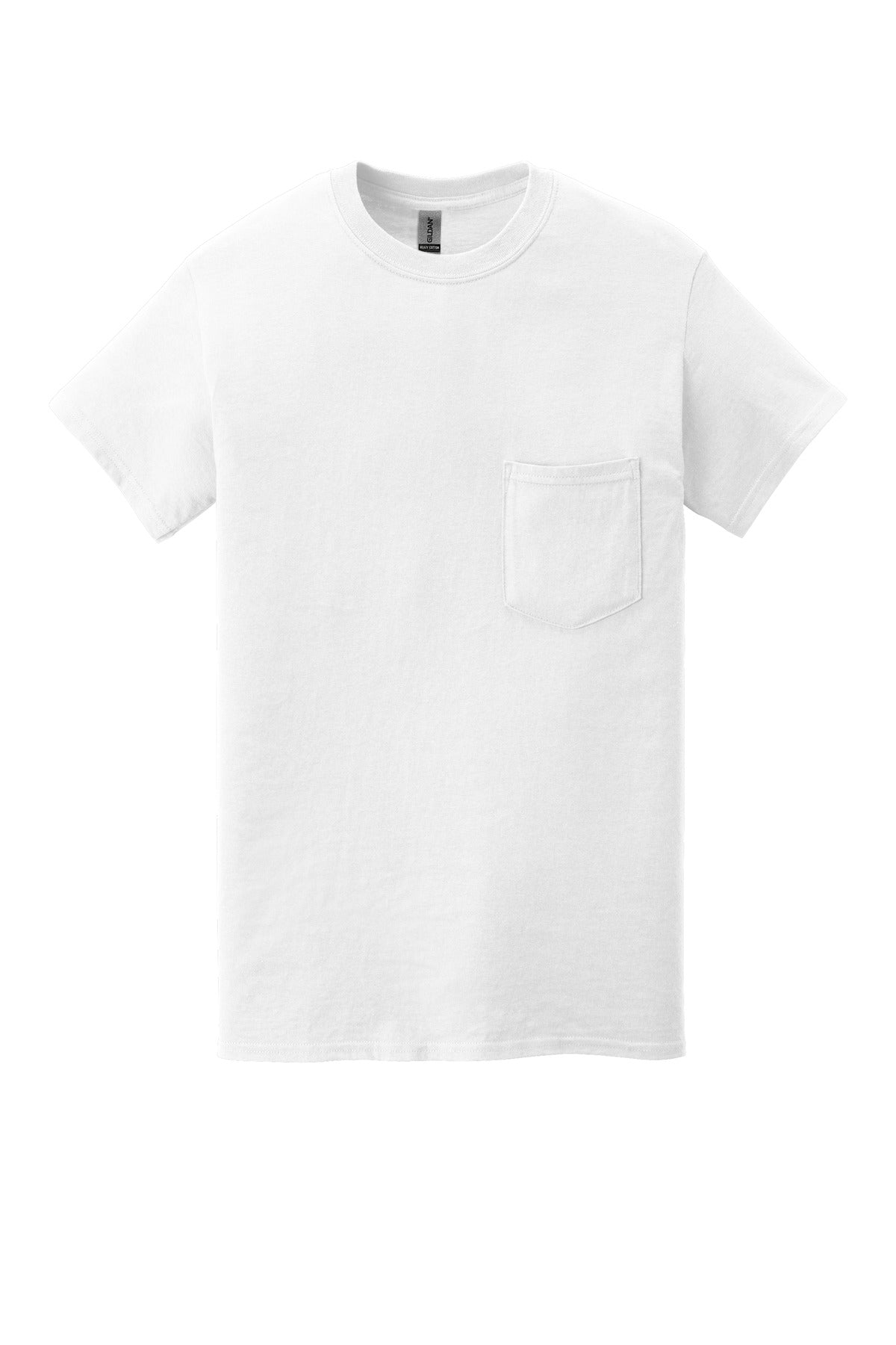 Front View of White Gildan Heavy Cotton 100% Cotton Pocket T-Shirt. 5300