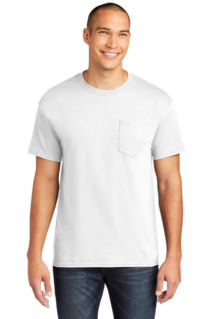 Front View of White Gildan Heavy Cotton 100% Cotton Pocket T-Shirt. 5300
