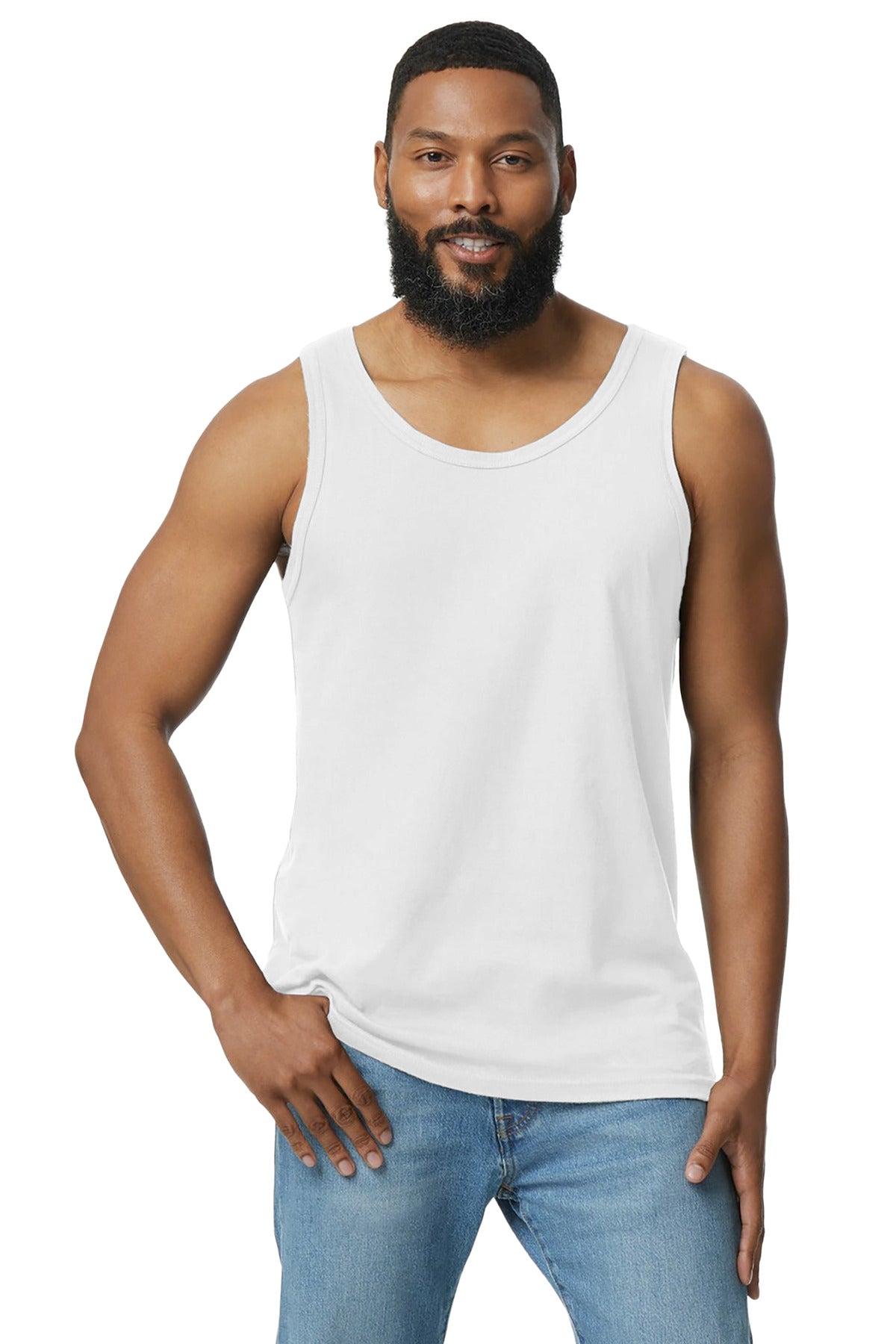 Front View of White Gildan Softstyle Tank Top 64200