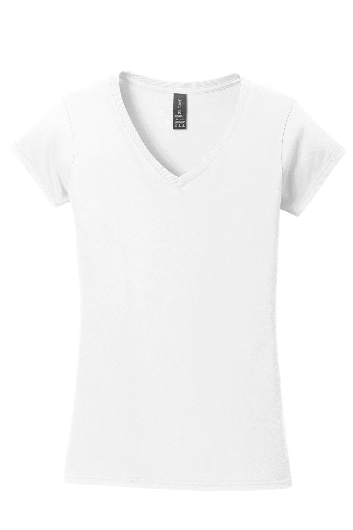 Front View of White Gildan Softstyle Women's Fit V-Neck T-Shirt. 64V00L