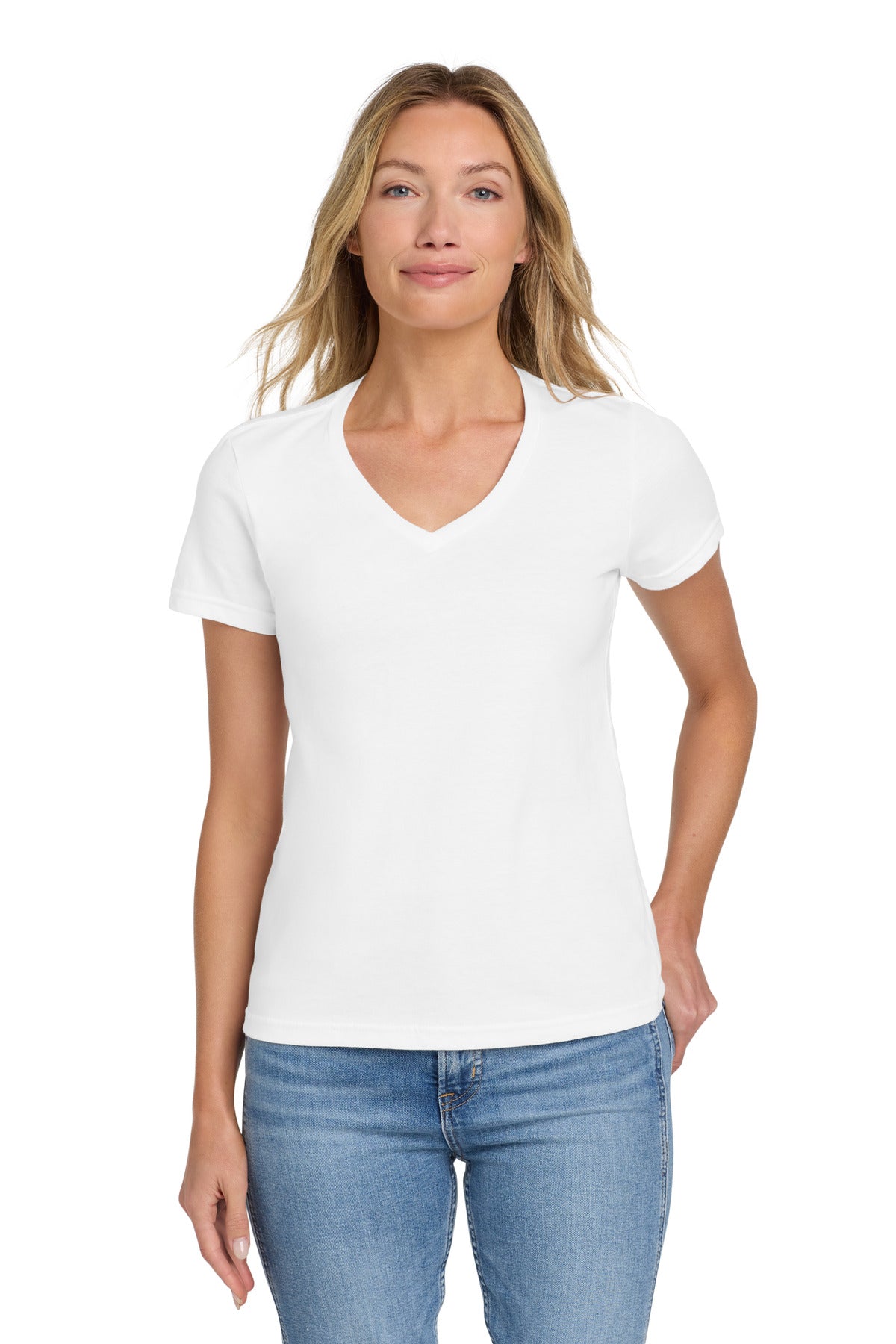 Front View of White Gildan Softstyle Women's Fit V-Neck T-Shirt. 64V00L