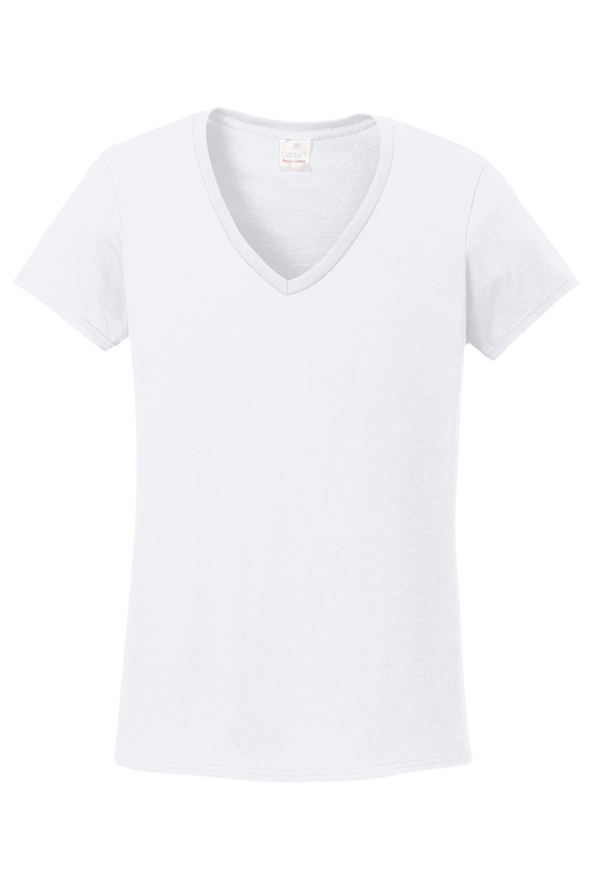Front View of White Gildan Women's Heavy Cotton 100% Cotton V-Neck T-Shirt. 5V00L