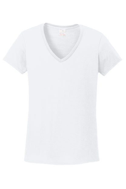 Front View of White Gildan Women's Heavy Cotton 100% Cotton V-Neck T-Shirt. 5V00L