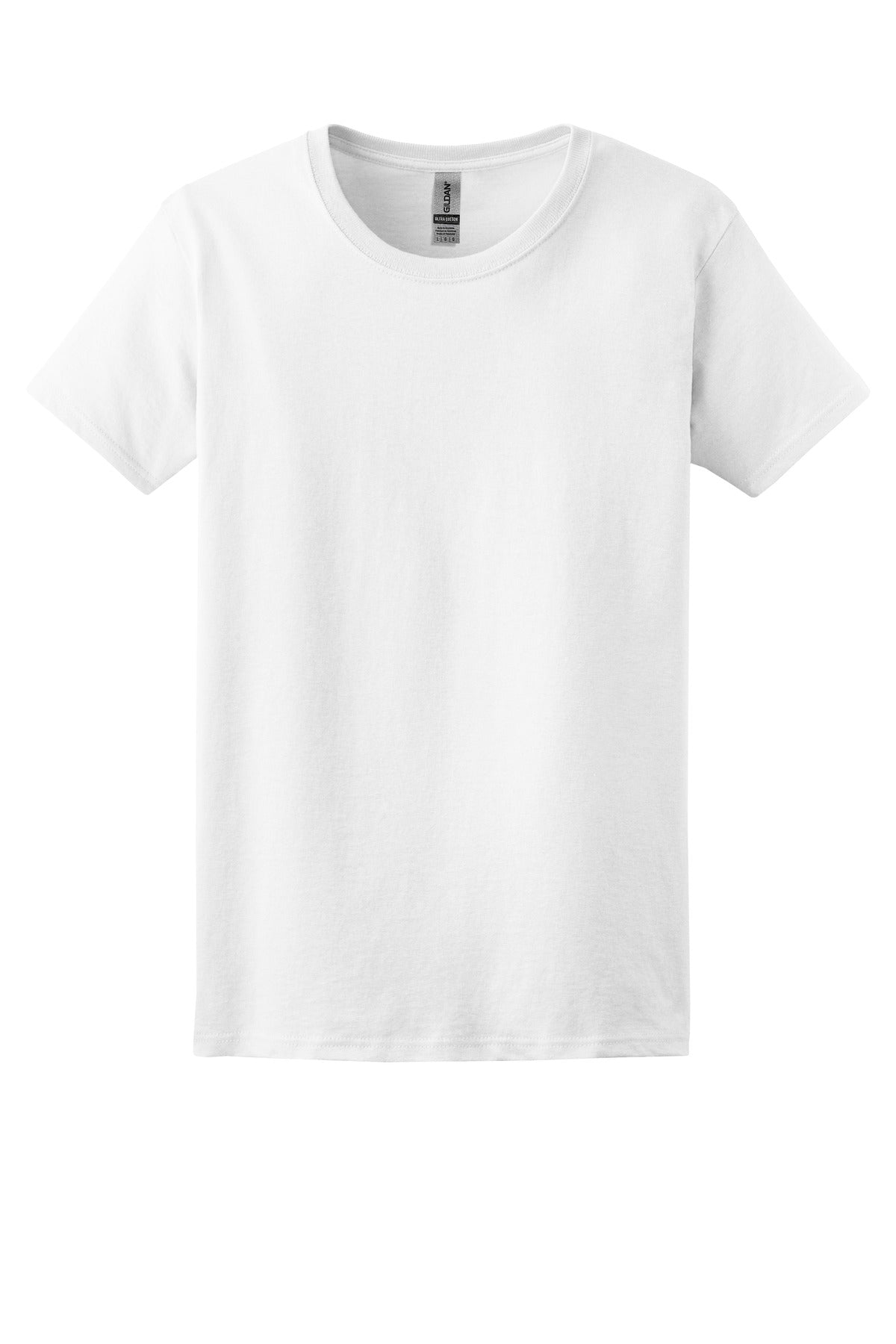 Front View of White Gildan Women's Ultra Cotton 100% US Cotton T-Shirt. 2000L