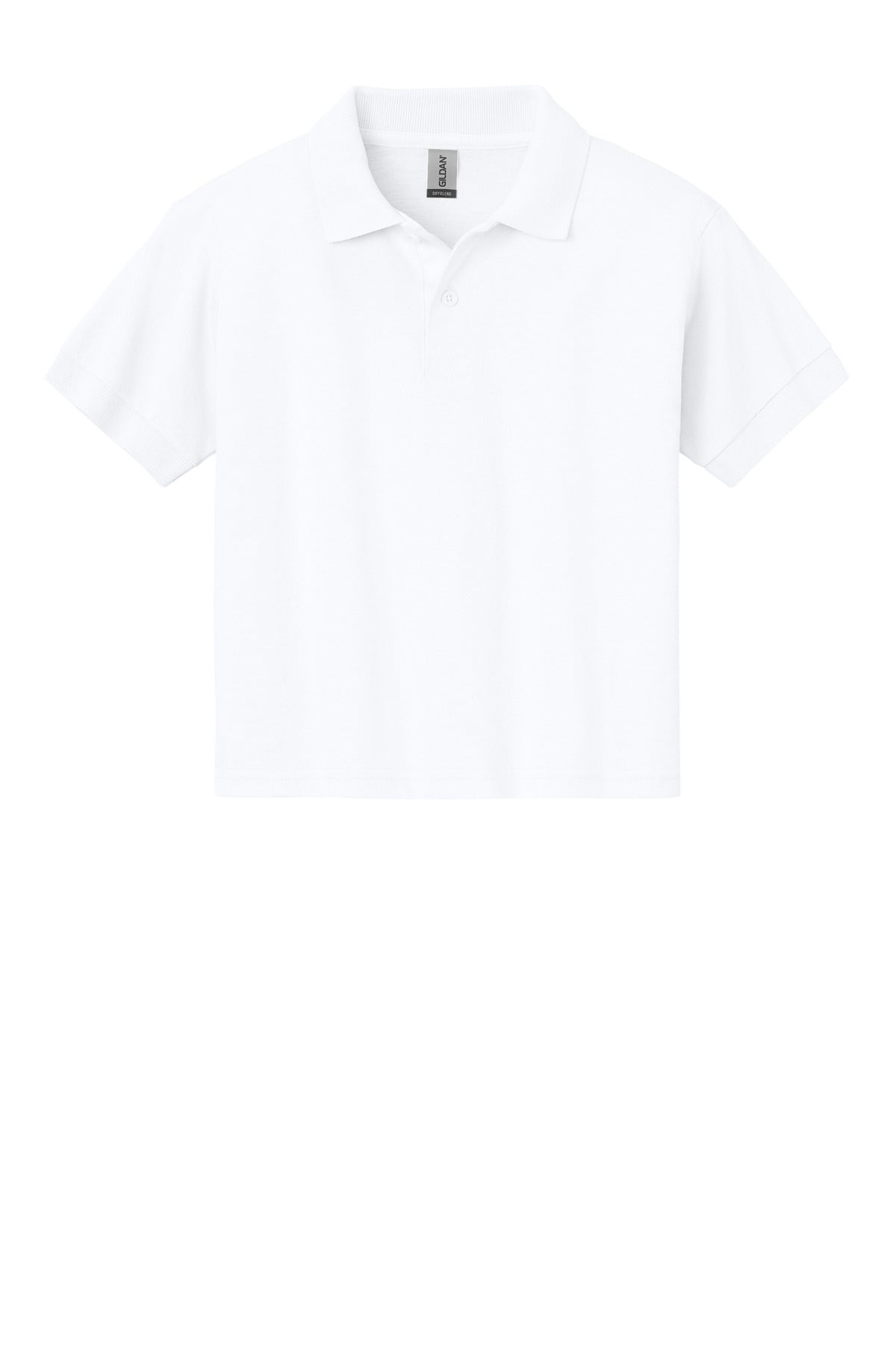 Front View of White Gildan Youth DryBlend 6-Ounce Jersey Knit Sport Shirt. 8800B