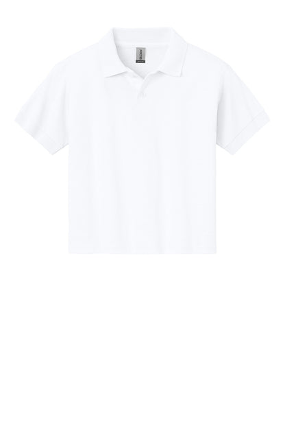 Front View of White Gildan Youth DryBlend 6-Ounce Jersey Knit Sport Shirt. 8800B